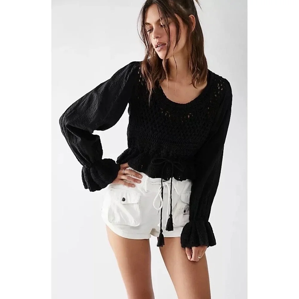 Free‎ People Megan Black Crochet Open Back Peplum Top Long Balloon Sleeve Medium